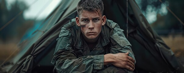 Fototapeta premium Soldier with arm injury, intense fatigue, sitting in empty field tent, overcast sky, low angle, gritty realism, vacant stare