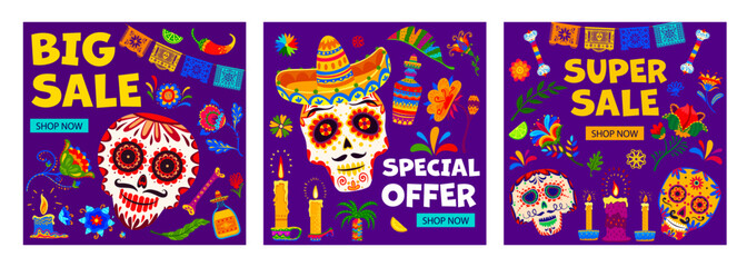 Day of the Dead Dia De Los Muertos mexican holiday big sale, special offer banners set. Vector sugar skull, Mexico Halloween candles, papel picado flags and sombrero, bright color flowers and peppers