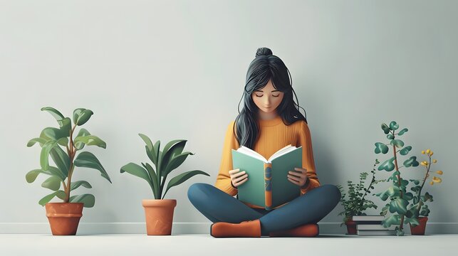 National Day of Book Lovers. August 9. 3D avatar of a girl reading a book.