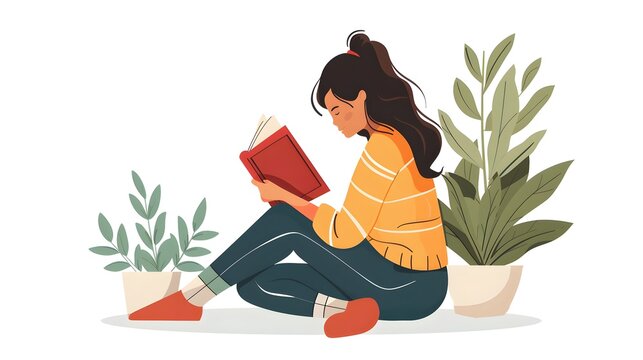 National Day of Book Lovers. August 9. A girl reads a book in a flat style.