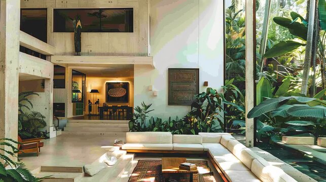 A living room designed by Luis Barragan, surrounded by lush gardens, with white walls and cosy warm lights