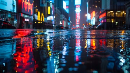 Obraz premium Vibrant Neon-Lit City Street at Rainy Night with Colorful Reflections