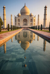 Obraz premium The majestic Taj Mahal reflecting in the still waters of a pool at sunrise. 