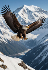  A majestic bald eagle soaring above a snow-capped mountain range. 