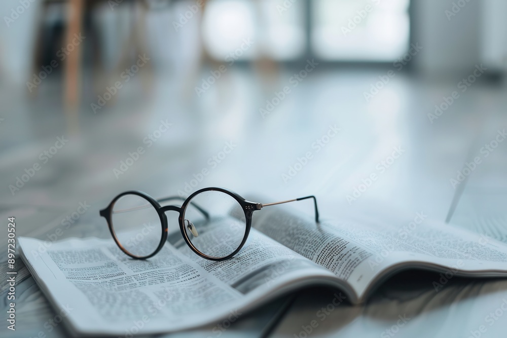 Fototapete A pair of eyeglasses rests on an open book against a blurred background. Generative AI