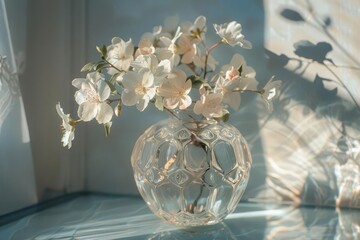 ephemeral beauty sunbleached flowers in crystal vase cast delicate shadows on mirrored surface muted tones and soft focus evoke contemplative mood