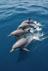 Obraz premium A playful pod of dolphins swimming alongside a boat in a crystal-clear ocean. 