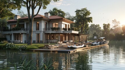 A luxurious 3D-rendered villa overlooking a serene lake, with a dock and boathouse