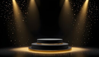 Background black podium stage gold award glitter light 3d platform product golden pedestal. Podium show black background abstract elegant ceremony dark display spotlight effect confetti night scene