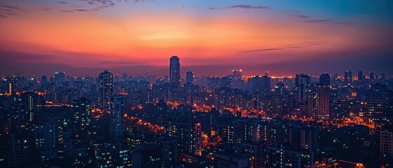 Obraz premium an urban skyline at twilight, focus on the city lights coming on