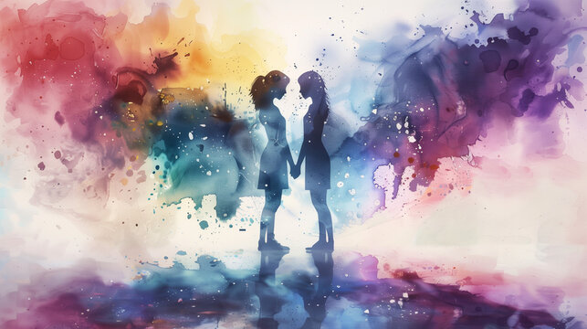 silhouettes of 2 girls holding hands; concept of first love, friendship, comitment, taking care of each other, childhood, best friend; watercolor colorful painting 