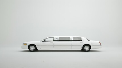 A luxurious white limousine against a white background, showcasing its length and elegance in a minimalist setting.