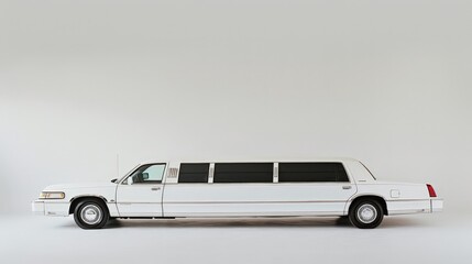 A luxurious white limousine against a white background, showcasing its length and elegance in a minimalist setting.