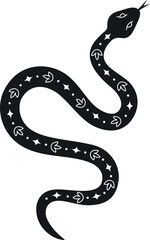 Mysterious snake with hand drawn floral and cosmic elements. Black and white magic mystic snake. Spiritual or fantasy symbols. Vector illustration isolated on white background.