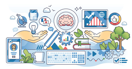 Naklejka premium Microlearning as effective and fast education method outline hands concept. Rapid training session using online course for focused knowledge vector illustration. Fast online training and web study.