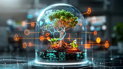 Fototapeta premium Futuristic Eco-Friendly Tree in Transparent Sphere with Holographic Data Network