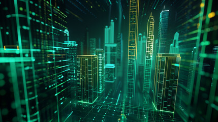 Obraz premium A cityscape with tall buildings and neon lights. The city is lit up and he is futuristic