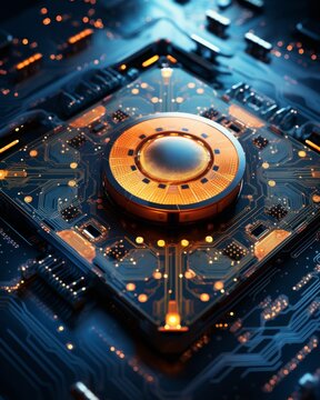 Quantum computing abstract with processor, circuit, neurons, data connections for generative ai