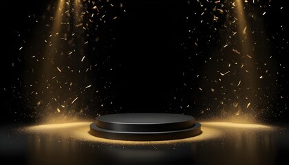 Background black podium stage gold award glitter light 3d platform product golden pedestal. Podium...