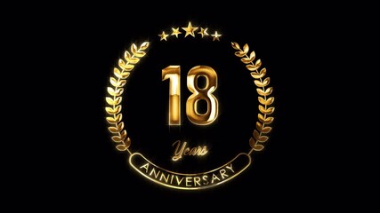 18th Anniversary Celebration. Happy 18 Years Anniversary Animation in Gold Color on the Transparent Background, Alpha Channel. Great for greetings, celebrations, events, and gifts.