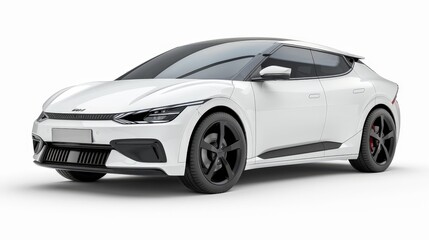A modern white electric car stands out against a white background, emphasizing its clean lines and futuristic aesthetic.