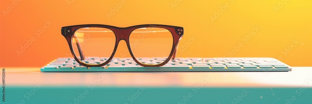 Poster a pair of eyeglasses rests on a modern, white keyboard against a vibrant orange backdrop. generative