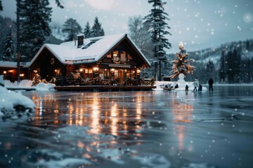 Fototapeta premium A picturesque log cabin adorned with Christmas lights, situated by a frozen lake surrounded by pine trees, creating a cozy and inviting winter holiday scene.