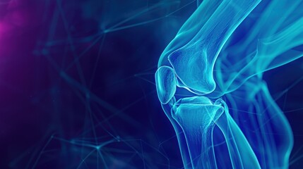 Obraz premium A Closeup View of a Human Knee Illuminated in Vivid Blue Against a Background of Interconnected Lines
