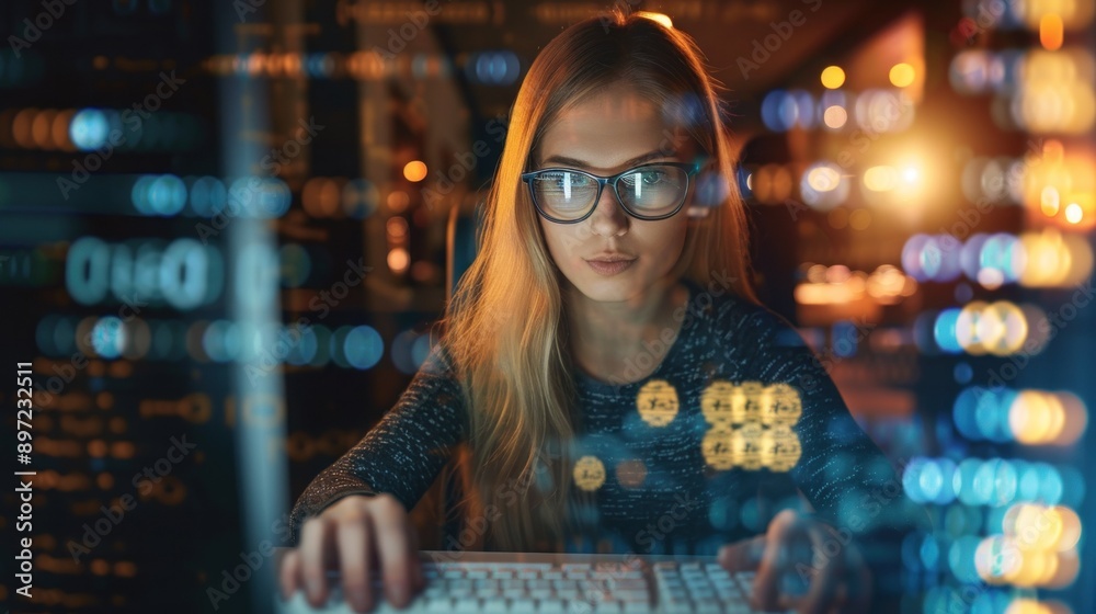 Aufkleber woman in glasses typing on a keyboard with a blurred background of code and lights