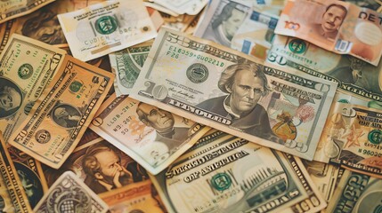 A pile of money, consisting of various global currencies, symbolizing international financial success and the rewards of global business ventures.