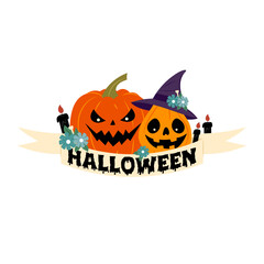 Halloween. Festive composition with pumpkins and paper ribbon with lettering. Holiday lettering. Cartoon Halloween banner. Illustration in flat style on a white background.