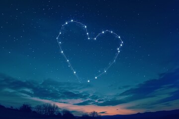 A heart-shaped star shines brightly amidst the night sky, creating a captivating celestial spectacle, Heart-shaped constellation in the night sky, AI Generated