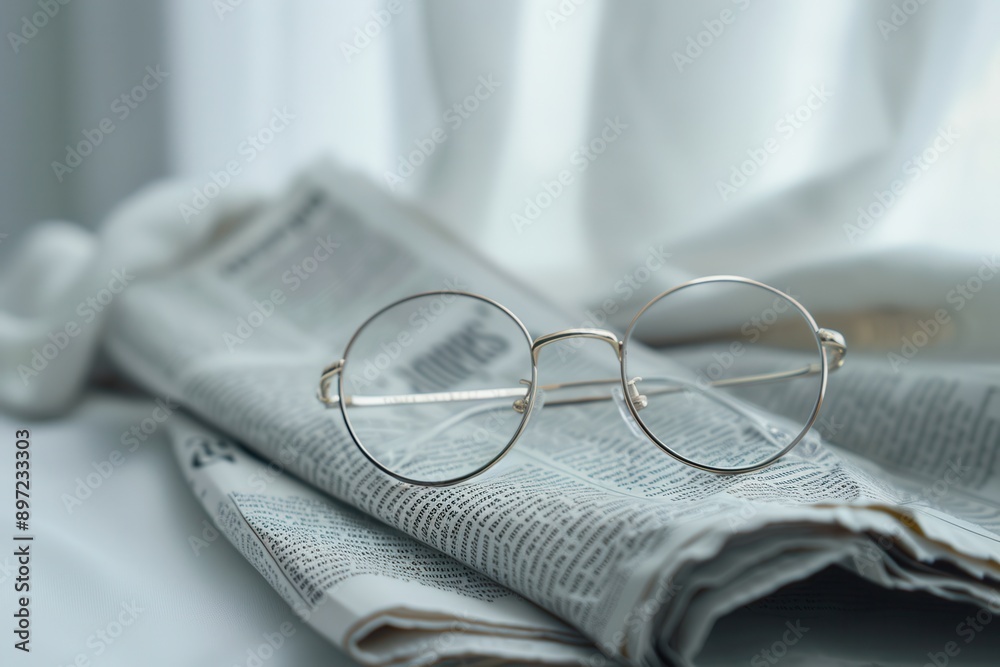 Aufkleber eyeglasses are resting on a folded newspaper. generative ai