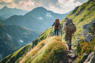 Fototapeta premium Two individuals ascending a grassy hill surrounded by majestic mountains, Heart-warming image of a hiker guiding friend up the mountain trail, AI Generated