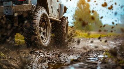 Obraz premium A powerful off-road vehicle tackling a rugged, muddy trail, with dirt flying and the vehicle's suspension working hard.