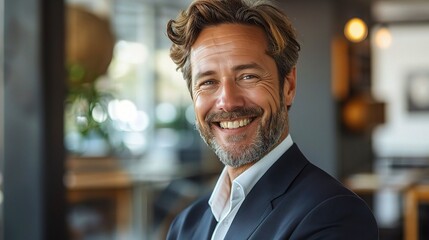 Obraz premium Confident Leader, Warm Smile: A charismatic businessman in his 40s exudes confidence and approachability with a genuine smile, captured in a warm and inviting cafe setting. 