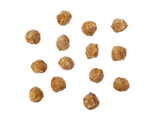 Frozen meatballs arranged in a random pattern, top down studio shot isolated on white background