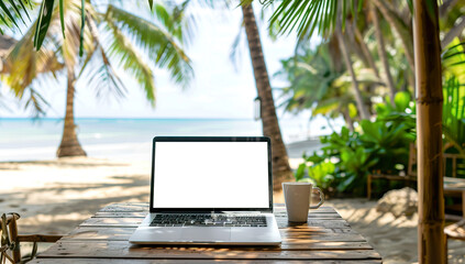 The image show beach setting with a laptop and a coffee mug placed on a wooden table under the shade of palm trees.