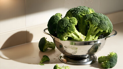 A crunchy head of broccoli florets steaming in a colander