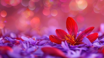 A single red crocus flower is nestled amidst a bed of purple petals