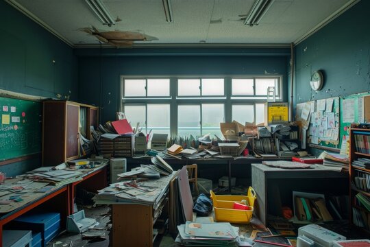 A room filled with a chaotic mess of various objects and belongings, situated beside a window, Hidden corners of an empty classroom cluttered with school supplies, AI Generated