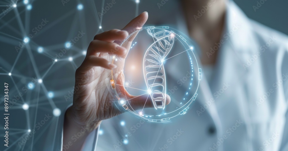 Poster a hand reaching out to grasp a glowing dna model within a network of light