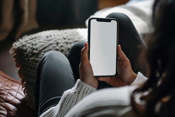 Looking over a woman's shoulder that's sitting on a couch in the evening and looking at her phone. The phone has a white screen to be able to add visuals.