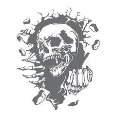 Skeleton comming out behind the wall or cloth with hands Tattoo White on Black Style Gym Logo Vector for T-shirts and Wall Decor Workout Athletic Muscle Fitness Beast Barbell Bodybuilding Healthy Wall