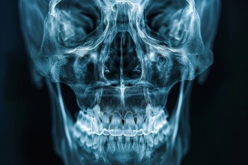 In this photo, a skeletons head is illuminated by blue light, highlighting its eerie features, High detail X-ray view of a human skull, AI Generated