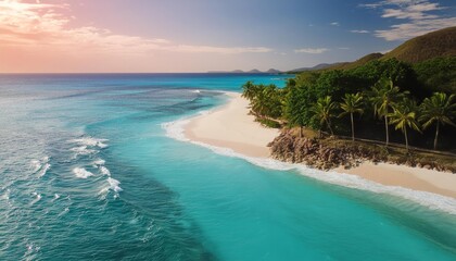 A serene tropical beach with crystal clear turquoise water and a line of palm trees