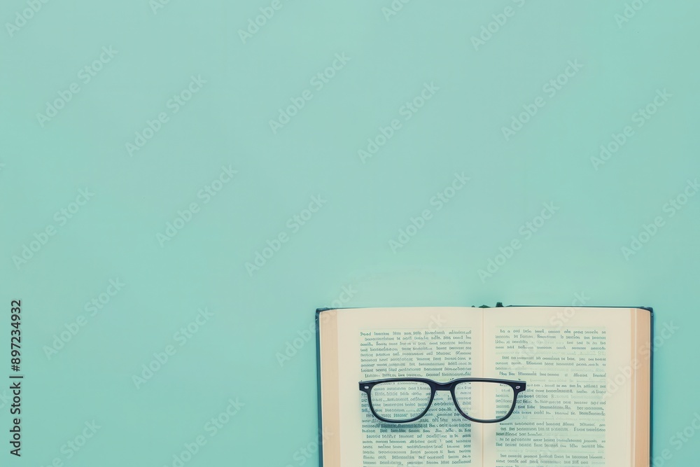 Aufkleber A book lies open on a light blue background, with eyeglasses resting on the open pages. Generative AI
