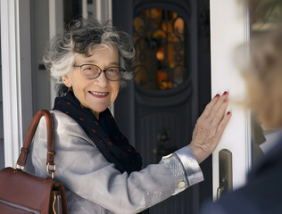 Smiling senior woman greeting visitor at the front door