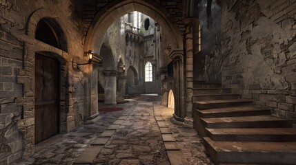 Fototapeta premium Wander through a 3D recreation of a medieval castle, with detailed architecture