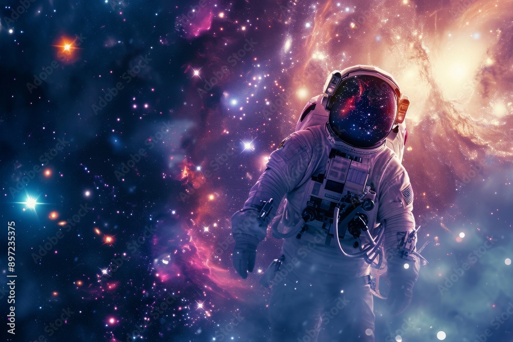 Wall mural an astronaut stands in the middle of a vast space, surrounded by countless stars, highlight a space 